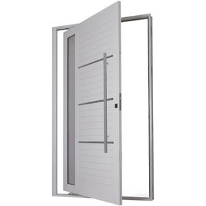 Porta de Alumínio Pivotante Machado Aluminio Lambri Plus 137084 215x105x45cm Vidro Mini Boreal Branca Esquerda Com Puxador 3 Frisos