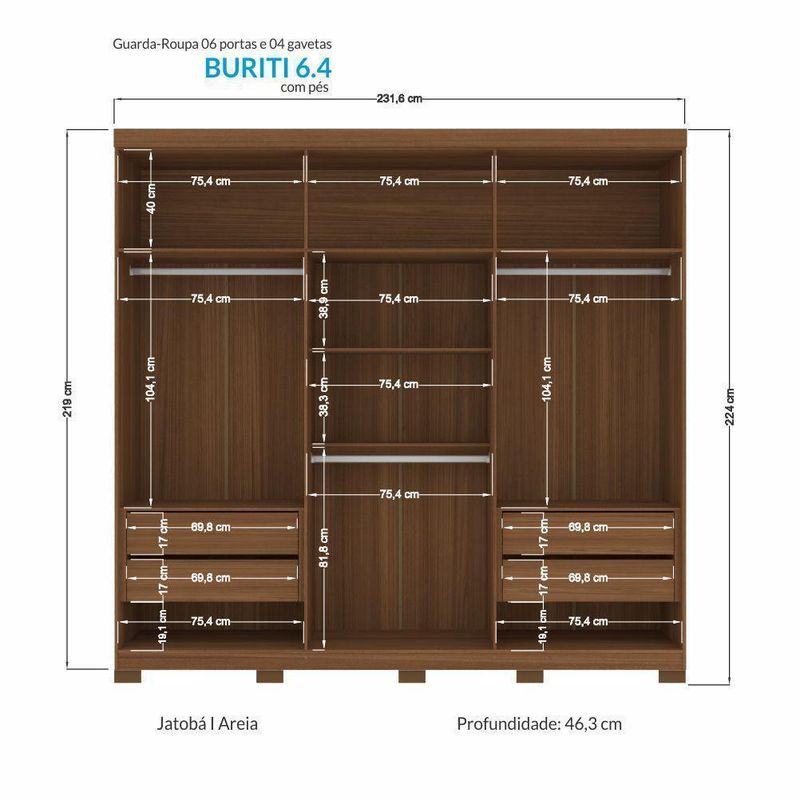 Guarda-Roupa / Roupeiro Casal 6 Portas 4 Gavetas Buriti Santos Andirá Jatobá e Areia