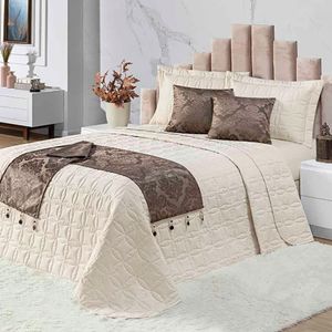 Kit Cobre Leito Colcha Midna King 8 Peças Dupla Face Xale Floral Jacquard Pedraria - Marrom Palha
