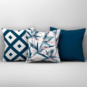 Kit Trio Capas De Almofadas Estampadas Em Veludo Suede 45cm X 45cm - Decoração Para Sala Cor Azul