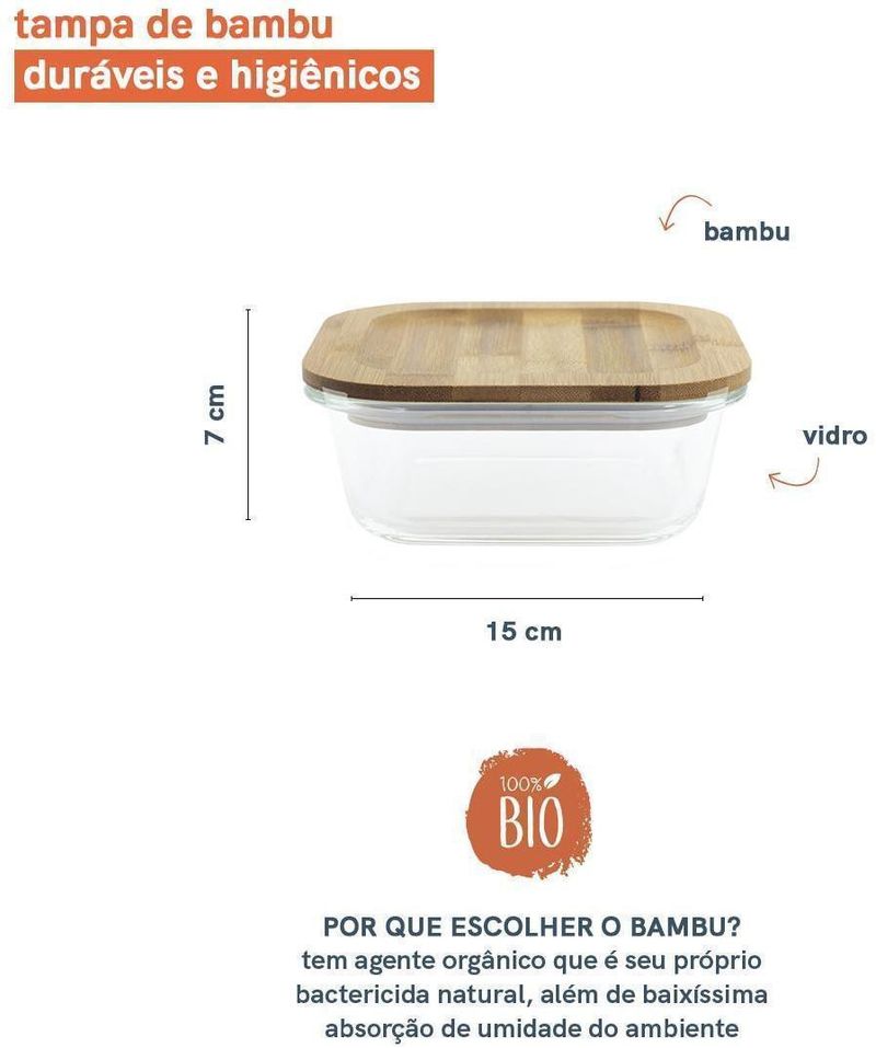 Pote de Mantimentos de Vidro Oikos com Tampa Bambu Quadrado Raso 800ml