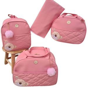 Bolsa Maternidade Bebê Kit 4 Peças Urso Rosa Impermeável