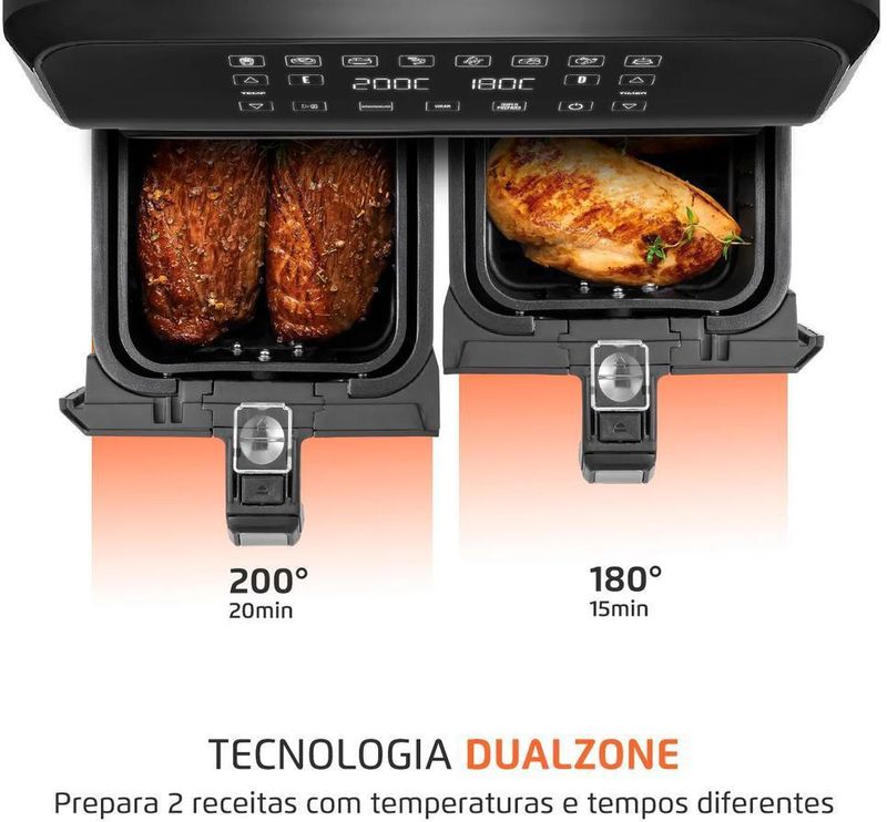 Fritadeira Elétrica / Air Fryer Mondial AFD-01-BI Dual Duplo Cesto 8 Litros Preto e Inox 2000W 127V