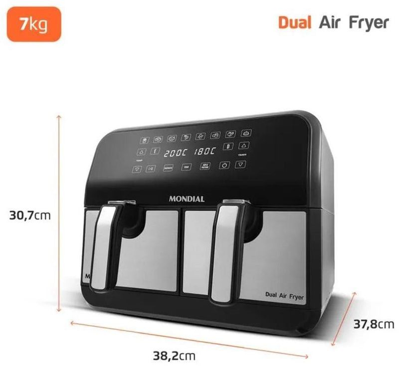 Fritadeira Elétrica / Air Fryer Mondial AFD-01-BI Dual Duplo Cesto 8 Litros Preto e Inox 2000W 127V