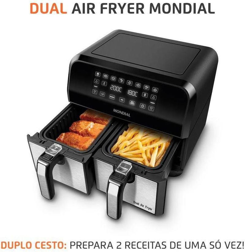 Fritadeira Elétrica / Air Fryer Mondial AFD-01-BI Dual Duplo Cesto 8 Litros Preto e Inox 2000W 220V