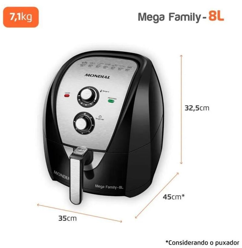 Fritadeira Elétrica / Air Fryer Mondial AFN-80-BI 8 Litros Preto e Inox 1900W 127V