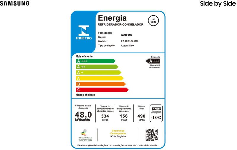 Geladeira / Refrigerador Samsung RS52B3000M9BZ Frost Free 490 LitrosInverter Inox 220V