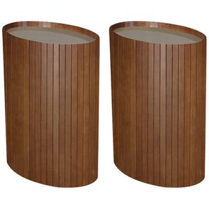 Kit 2 Mesa Apoio Lateral Oval Tampo Vidro Glow Madeira Nacc