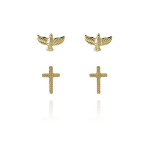 Duo De Cruz E Espírito Santo Folheado Em Ouro 18k [f027]