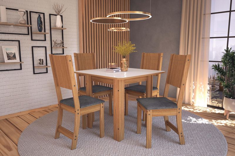 Conjunto Para Sala de Jantar Indekes Mesa Lisboa 90x90cm com 4 Cadeiras Freijó e Off White