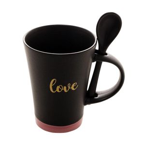 Caneca De Cerâmica Love Preta 310ml Com Colher