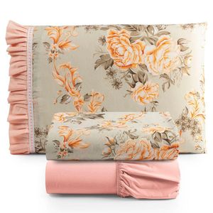 Jogo De Lençol Afrodite Solteiro 3 Pçs Algodão 180 Fios Estampado Floral - Salmão