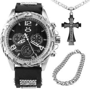 Relogio Masculino Aço Prata + Cordao Crucifixo + Pulseira Pulseira Ajustavel Social Presente Casual