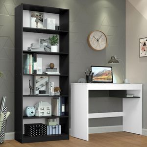 Escrivaninha Rubi e Estante Livreiro 6908 Branco Preto