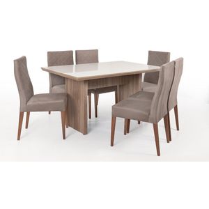 Conjunto Mesa de Jantar Siena Tornocel com Tampo em Vidro 136cm Nogal eNude com 6 Cadeiras Valente