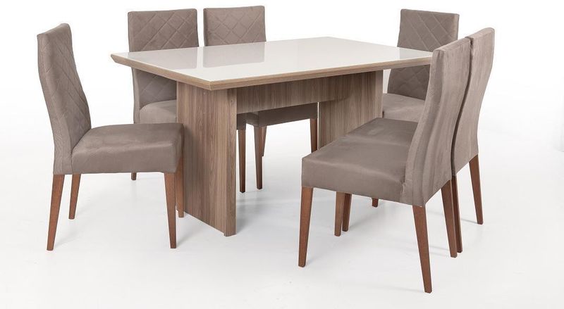 Conjunto-Mesa-de-Jantar-Siena-Tornocel-com-Tampo-em-Vidro-136cm-Nogal-eNude-com-6-Cadeiras-Valente