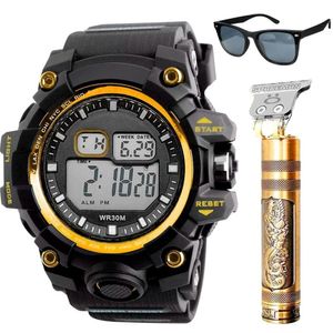 Maquina Cortar Cabelo + Oculos Sol + Relogio Masculino Digital Dourado Casual Original Esportivo