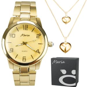Caixa + Relogio Feminino Banhado Aço + Colar Duplo Coração Original Presente Ouro Casual Social