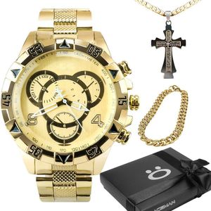 Relogio Dourado Prova Dagua + Cordão Cruz + Pulseira + Caixa Social Qualidade Premium Robusto Casual