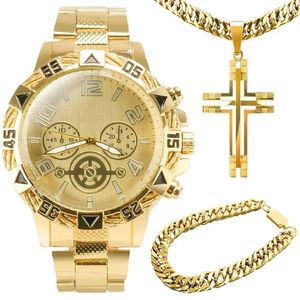 Relogio Masculino Banhado Ouro Aço + Crucifixo + Pulseira Presente Original Qualidade Premium Grande
