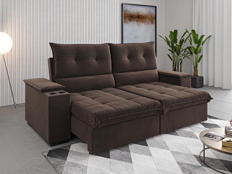 Sofá 4 Lugares Retrátil e Reclinável Boutique Viero Duplo Molejo VeludoMarrom Bombom 230Cm