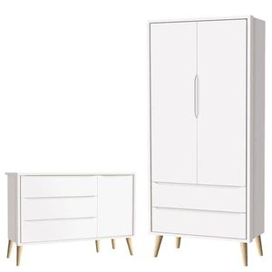Cômoda Infantil Com Porta E Guarda Roupa 2 Portas Theo Branco Acetinado Pés Madeira Natural - Reller