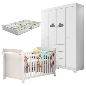 Berço Americano Lara E Guarda Roupa Infantil Ane Branco Brilho Com Colchão Gazin - Phoenix Baby
