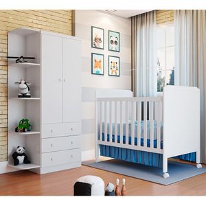 Quarto Infantil Compacto Com Berço Mini Cama Cloe, Guarda Roupa Com Prateleiras Peroba Branco