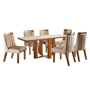Conjunto Sala De Jantar Mesa Tampo Mdf E Vidro Com 6Cadeiras