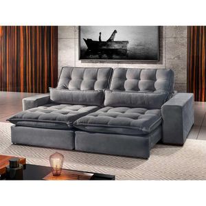 Sofá 4 Lugares Retrátil E Reclinável Bruna 2.50m Suede Móveis Mix Cinza Claro