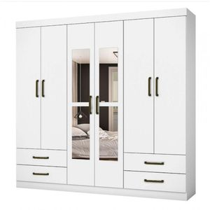 Guarda Roupa Casal Lu 6 Portas 4 Gavetas Com Espelho Branco