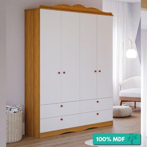 Guarda-Roupa Infantil 100% Mdf 4 Portas 4 Gavetas Encanto Permobili Nature/Branco Nature/Branco