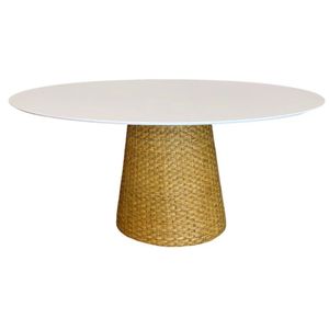 Mesa De Jantar Cone Oval 140x90 Cm Tampo Laca Branca Base Fibra Natural Cor Amarelo