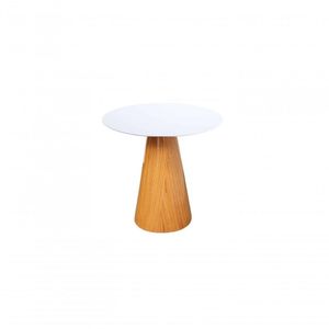 Mesa Lateral Cone Redonda 51cm Tampo Laqueado Base Laminada Em Madeira Freijó Branco