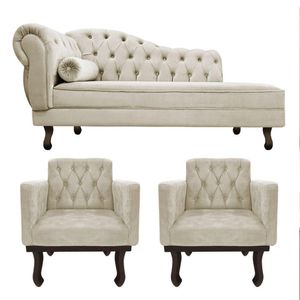 Kit Diva Recamier Diana 140Cm Lado Direito E 02 Poltronas Classic Linho Bege