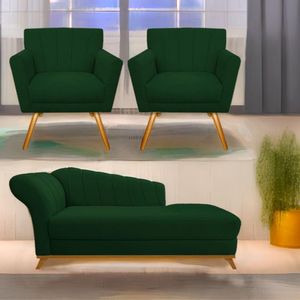 Kit Diva Recamier Vanessa 185Cm Lado Direito E 02 Poltronas Laura Suede Cor Verde