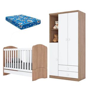 Berço Nacional E Guarda Roupa Infantil Bala De Menta Rústico Branco Com Colchão Ortobom - Henn