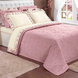 Kit Cobre Leito Yasmin Casal Queen 03 Peças Bordado Floral Tecido Algodão - Rosê Com Palha