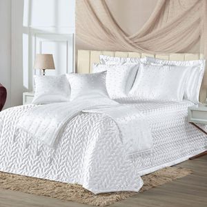 Kit Cobre Leito Colcha Vivian Queen 10 Peças Cetim Amassado Premium Xale Tule Pérolas - Branco