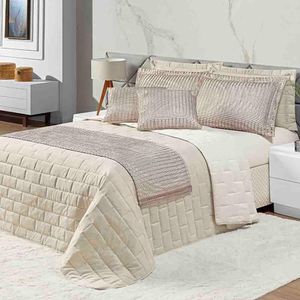 Kit Cobre Leito Colcha Luxo Queen 10 Peças Micropercal 200 Fios Dupla Face Xale Brilhante - Bege
