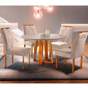 Conjunto Sala De Jantar Natalle Mesa Redonda 100 Cm E 4 Cadeiras Moveis Mix Mel/off White/ Bege Areia