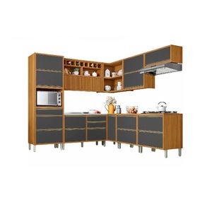 Cozinha Modulada 9 pçs   ângulo Mdf Freijó Com Grafite