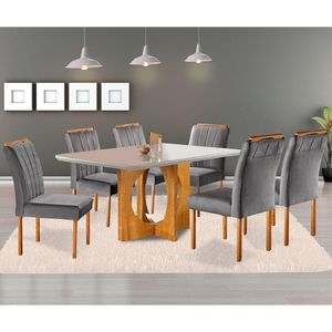 Conjunto Sala De Jantar 6 Lugares Mesa Barcelona E Cadeiras Em Veludo Móveis Mix Mel/Off White/Cinza