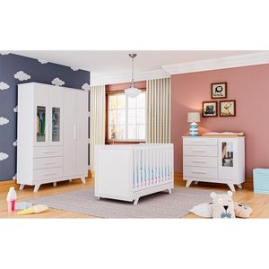 Quarto De Bebê Completo c/ Guarda Roupa c/ Janela Cômoda E Berço Retrô Moveis Peroba Branco Brilho