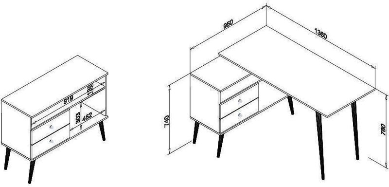 Mesa-Para-Escritorio-em-L-Retro-com-2-Movel-Bento-Gavetas-Branco-e-Rustico-136x78x95cm