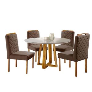 Mesa Redonda 1,0m e 4 Cadeiras Off-White Marrom Havana