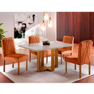 Conjunto Sala De Jantar 4 Lugares Mesa Com Tampo Em Vidro E Cadeiras Veludo Móveis Mix Mel/off-white/terracota