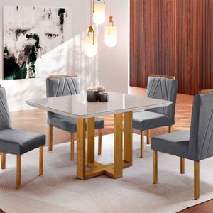 Conjunto Sala De Jantar 4 Lugares Mesa Quadrada Veludo Cinza - Móveis Mix Offwhite / Cinza Profundo