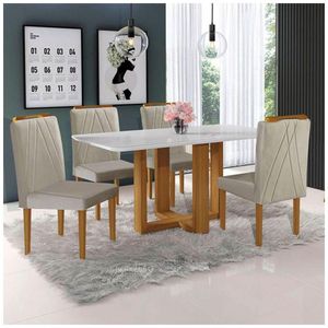Conjunto Sala Jantar Mesa 4Cad Mel Off White c/Marrom Acinz