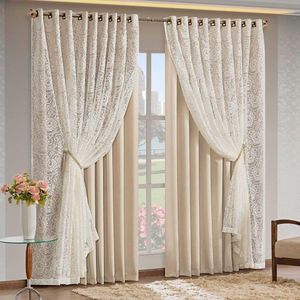 Cortina Monalisa 3,00M X 2,70M Varão Simples Tecido Blackout Com Renda Floral - Palha